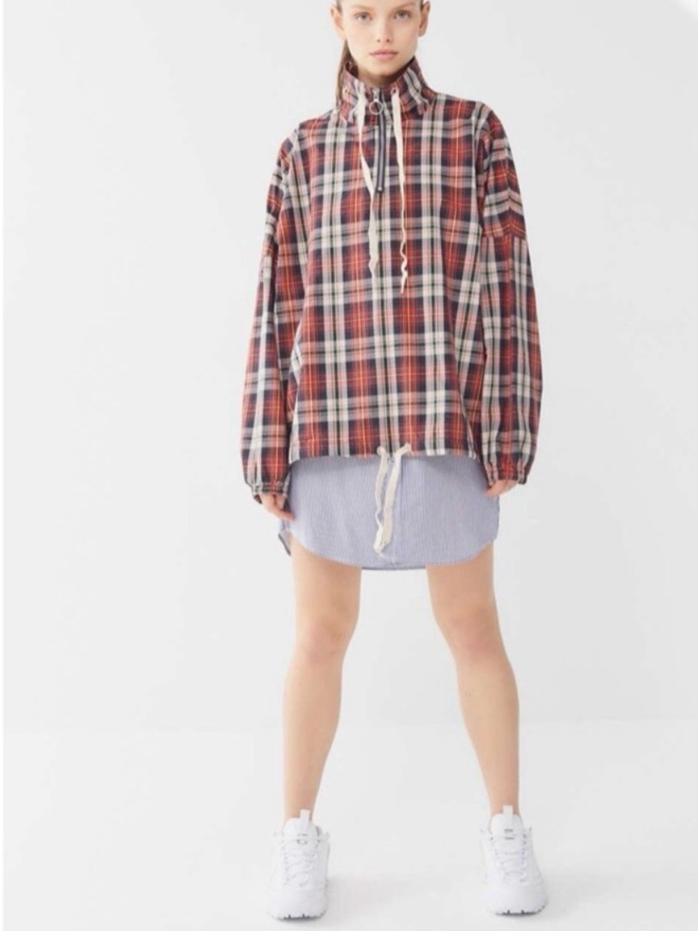 Urban Outfitters Kristal Plaid Drawstring Pullover Anorak Jacket - Red Multi